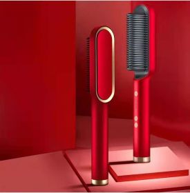 New 2 In 1 Hair Straightener Hot Comb Negative Ion Curling Tong Dual-purpose Electric Hair Brush (Option: Red-US-Opp pack)