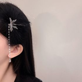 Simple Temperament Hair Dragonfly Pearl Tassel Hairpin (Color: Black)