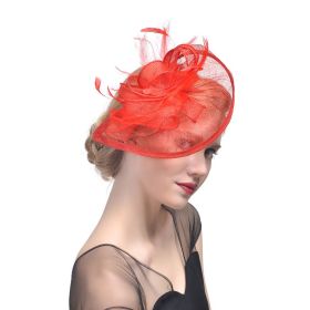 Hemp Yarn Banquet Net Top Hat Bridal Feather Hairpin (Color: Red)