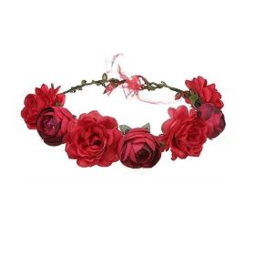 Big Red Rose Bridal Wreath Headband Beach Travel Beautiful Artificial Flower Hair Band Beach Head (Color: Red)