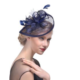 Hemp Yarn Banquet Net Top Hat Bridal Feather Hairpin (Color: Navy Blue)